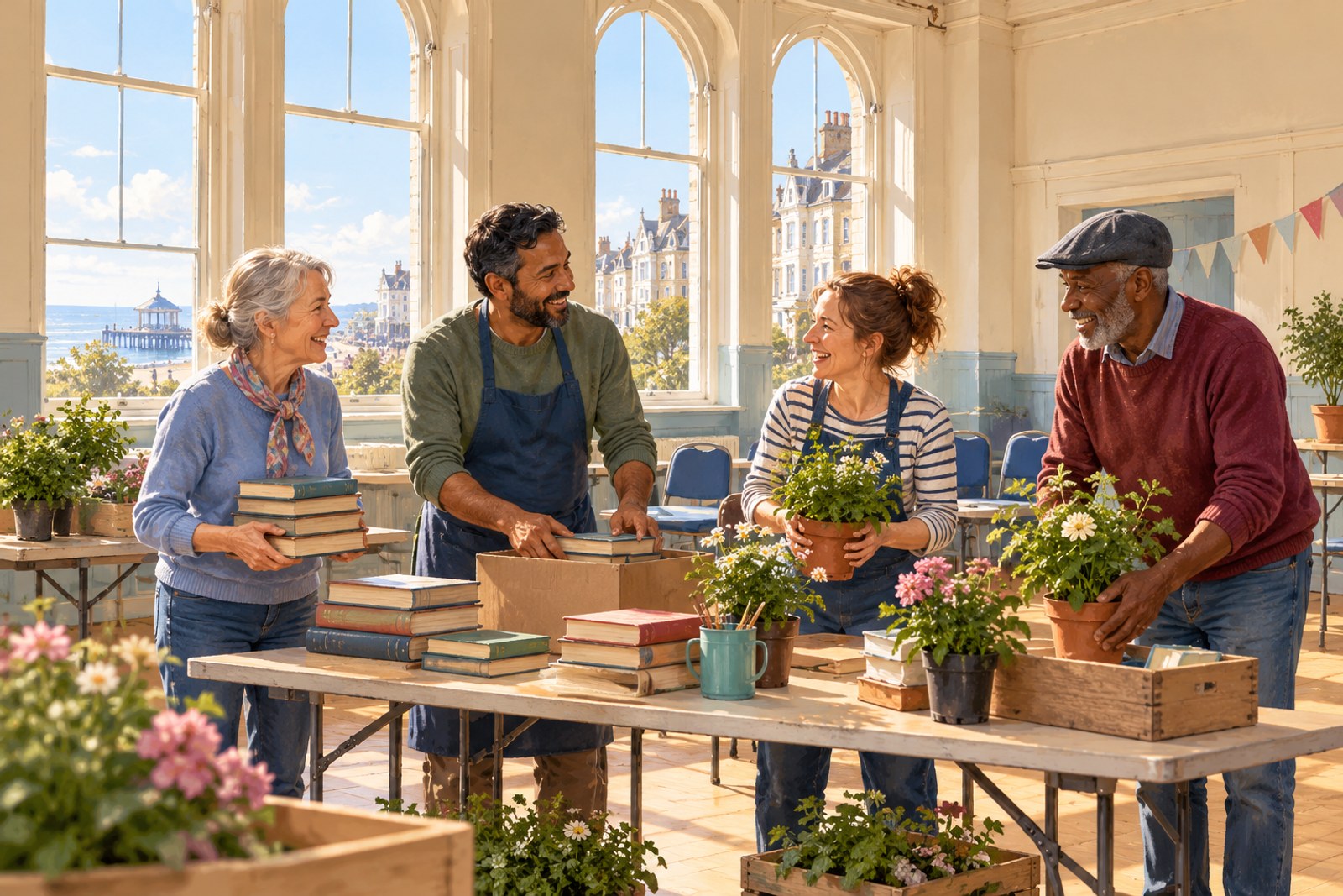 Artist's impression of representative neighbourhood volunteers in an Eastbourne community hall, not real named people or premises