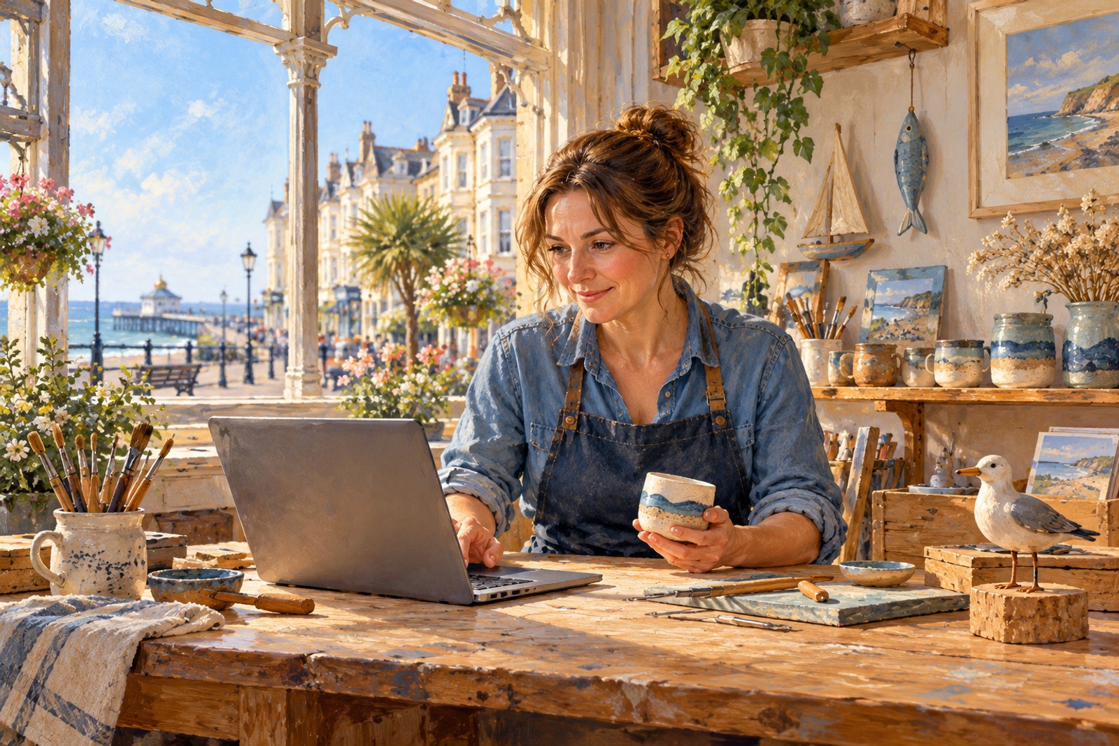 Artist's impression of a representative Eastbourne craft business owner preparing a listing, not a real named owner or workshop
