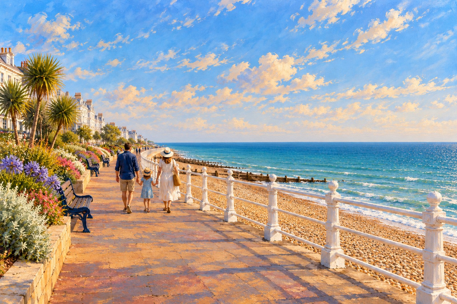 Artist's impression of a representative Eastbourne seafront walk beside the shingle beach, not an exact landmark viewpoint